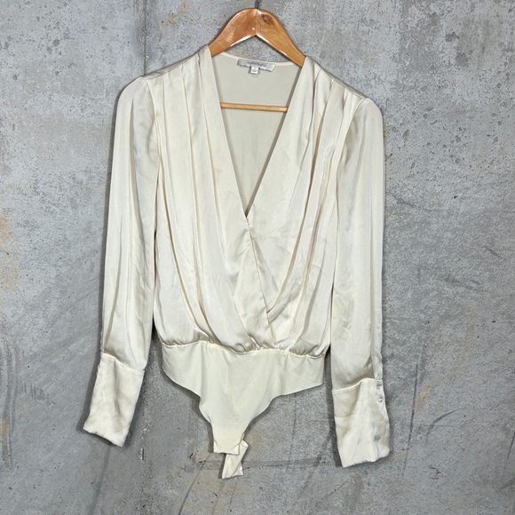 Favorite Daughter Surplice Long Sleeve Satin Bodysuit In Champagne. - Picture 4 of 11